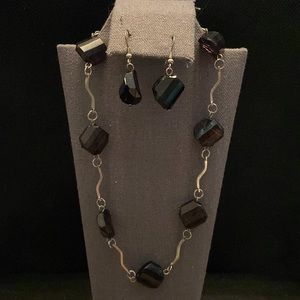 Black acrylic beads & silver bands necklace with matching earrings